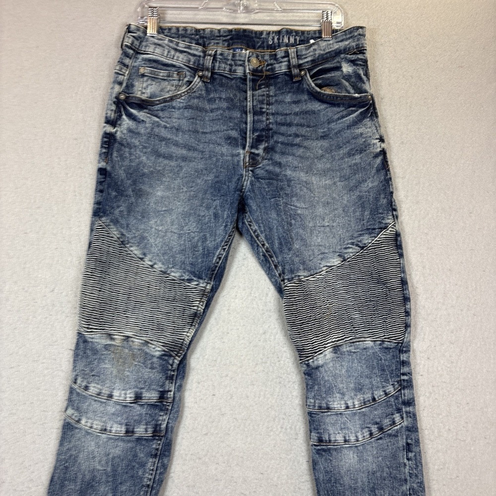 H&M Divided Mens Moto Skinny Jeans Blue Medium Wash Ribbed‎ Biker Size 36